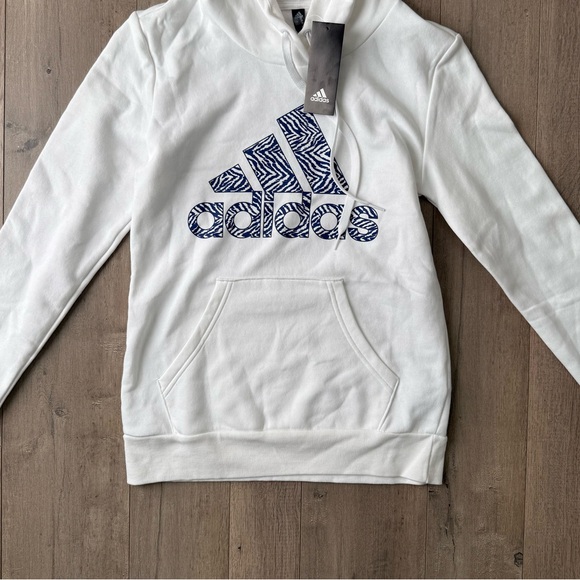 Adidas White Hoodie with Zebra Patterned Blue Logo NWT - Picture 4 of 8